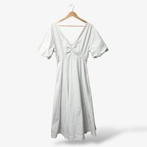 STAUD Finely Twisted Front Midi Dress Classic White V-Neck Puff Sleeve, Size 8